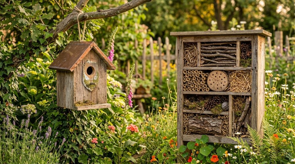 Garden scene showing wooden birdhouse and insect hotel made 