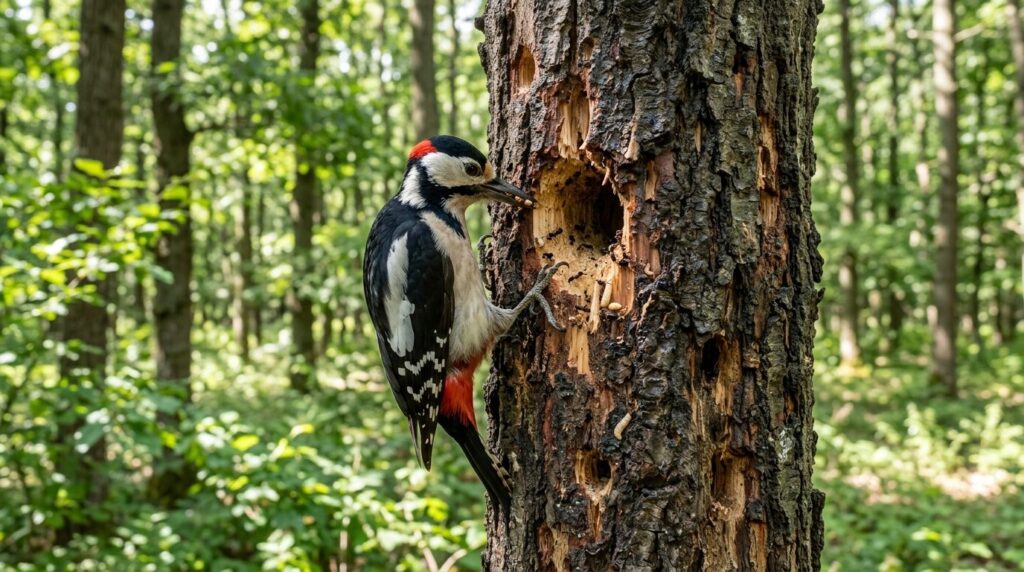 Great spotted woodpecker pecking at tree trunk with visible 