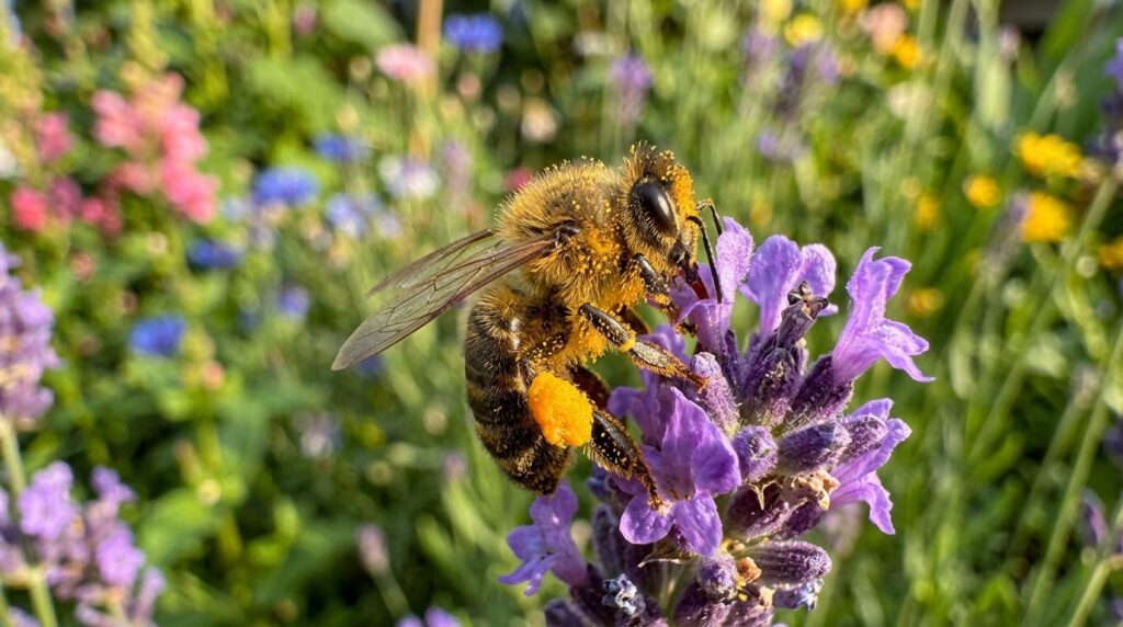 Detailed macro photography of a honey bee covered in pollen,