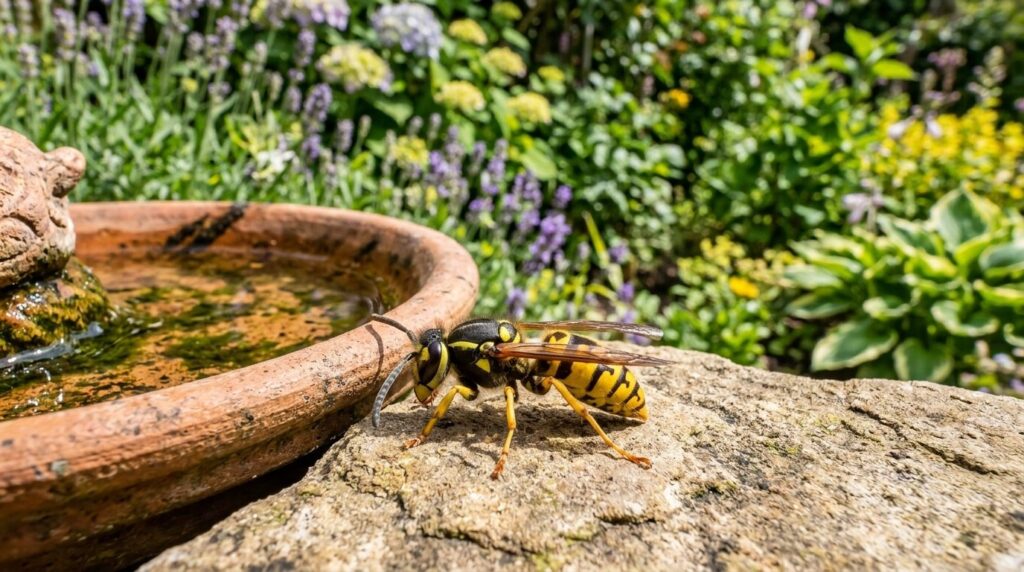 Professional wildlife photograph of a wasp on a garden surfa