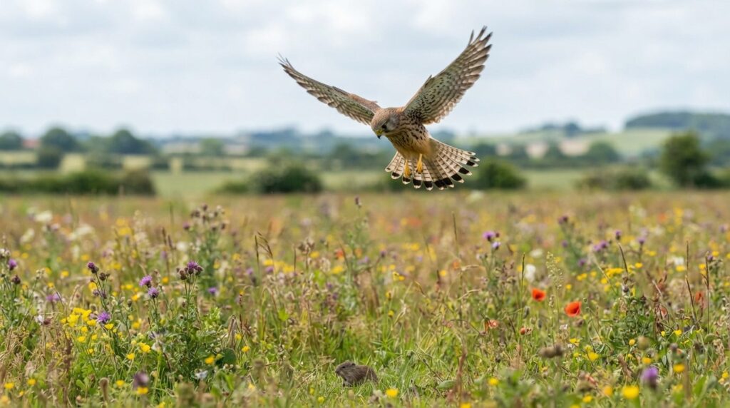 Eurasian Kestrel (Falco tinnunculus) hovering mid-hunt over 